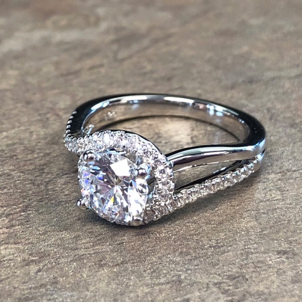 14K White Gold Bypass Halo Engagement Ring